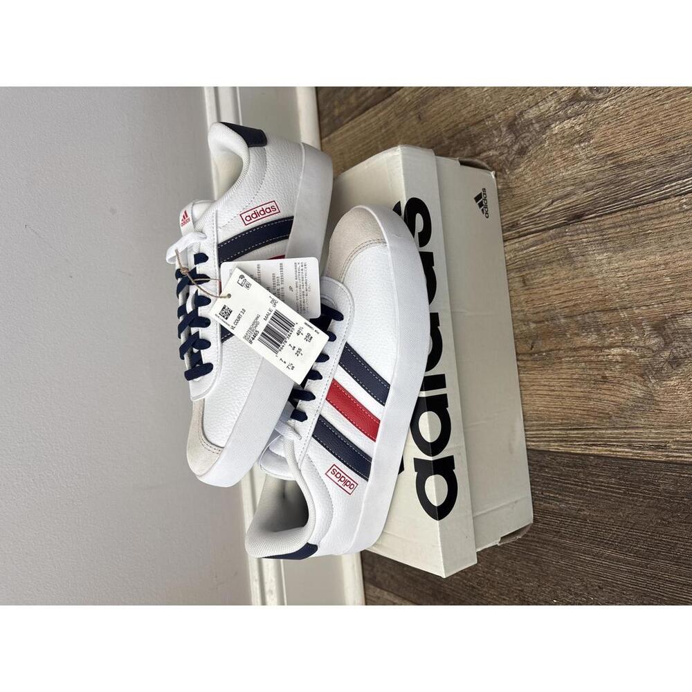 Adidas Men's Classic size 7.5  White Sneakers with Navy and Red Stripes